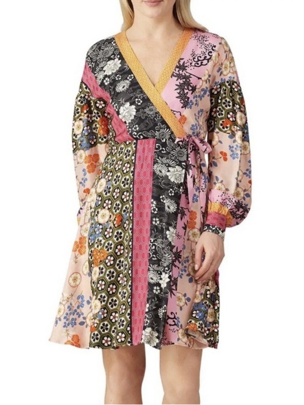 Pinko Draghetta Abito Twill Multicolor Patchwork Long Sleeve Faux Wrap Dress 8